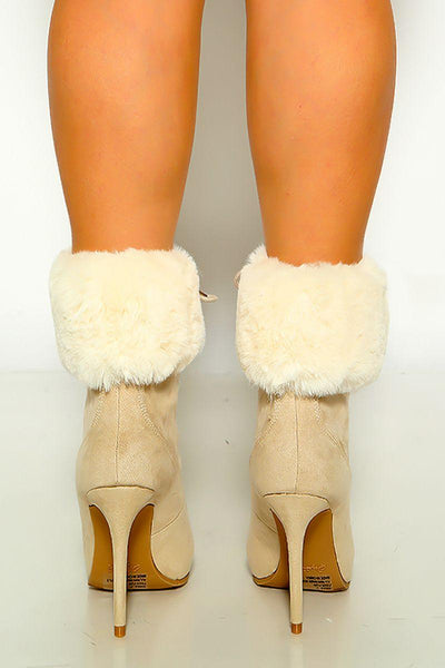 Oatmeal Colored Lace Up Faux Fur High Heel Booties - AMIClubwear