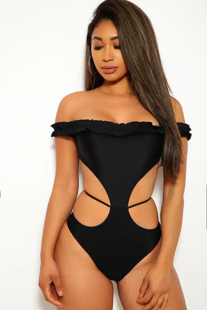 Off The Shoulder One Piece Ruffled Cut Out Swimsuit - AMIClubwear