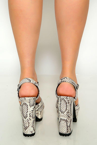 Off White Black Snake Print Cross Strap Platform Chunky High Heels - AMIClubwear