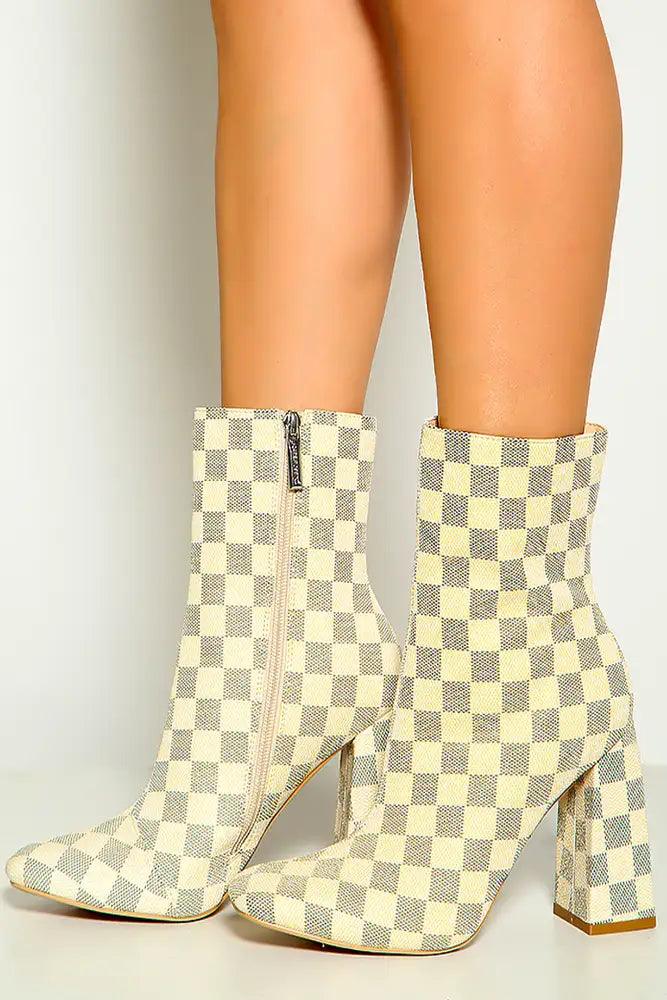 Off White Checkered Pattern Block Heel Booties - AMIClubwear
