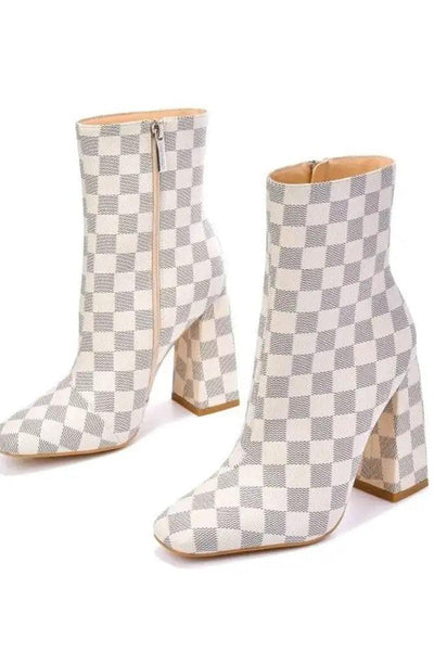 Off White Checkered Pattern Block Heel Booties - AMIClubwear