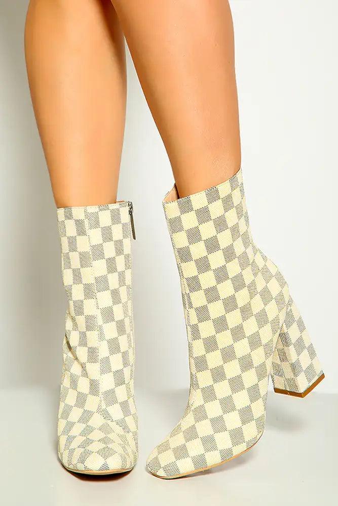 Off White Checkered Pattern Block Heel Booties - AMIClubwear