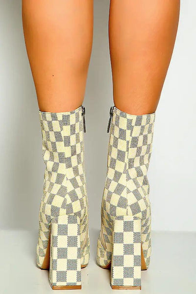 Off White Checkered Pattern Block Heel Booties - AMIClubwear