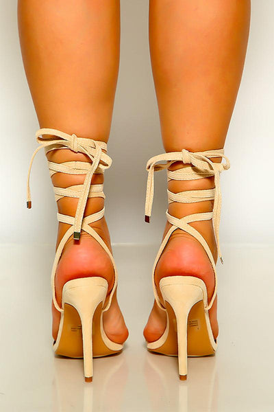 Off White Faux Suede Open Toe Lace Up High Heels - AMIClubwear