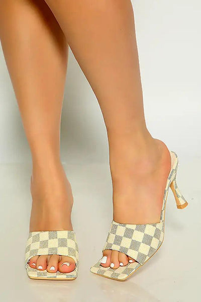 Off White Open Toe Checker Print Slip On Heels - AMIClubwear