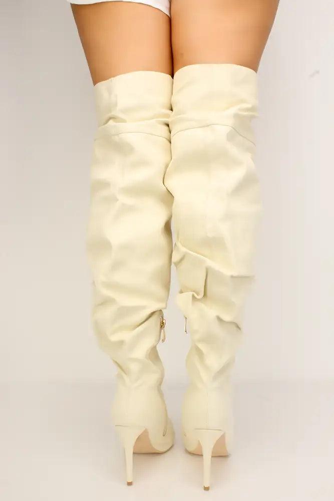 Off White Ruched Pointy Toe Thigh High Boots *Kim K Inspired By* - AMIClubwear