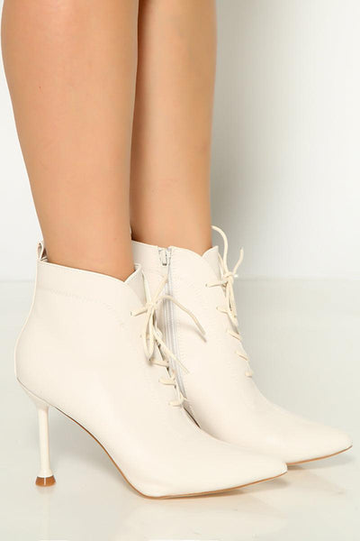 Off White Zip Up Stiletto Ankle Booties - AMIClubwear
