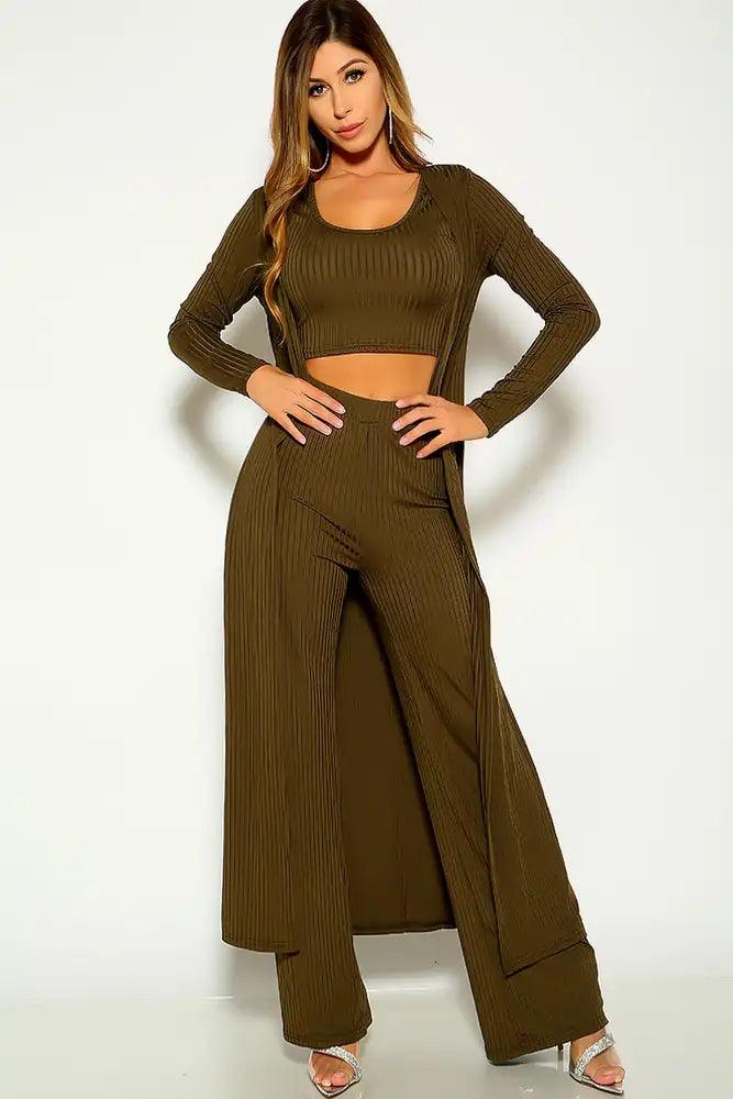 Olive 3 Piece Ribbed Cardigan Outfit - AMIClubwear