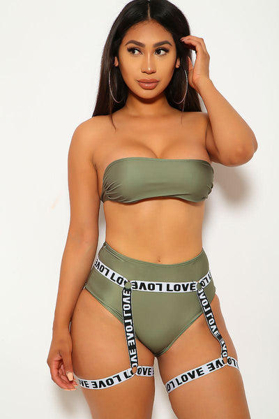 Olive Bandeau Strappy Three Piece Swimsuit - AMIClubwear