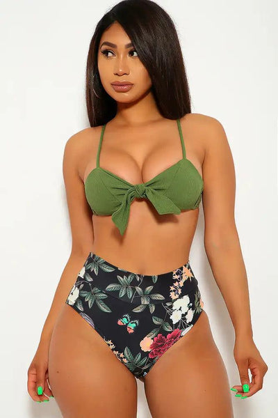 Olive Black Floral High Waist Two Piece Swimsuit - AMIClubwear