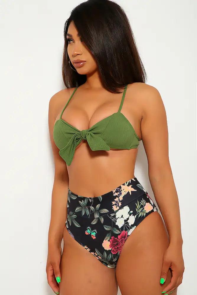 Olive Black Floral High Waist Two Piece Swimsuit - AMIClubwear