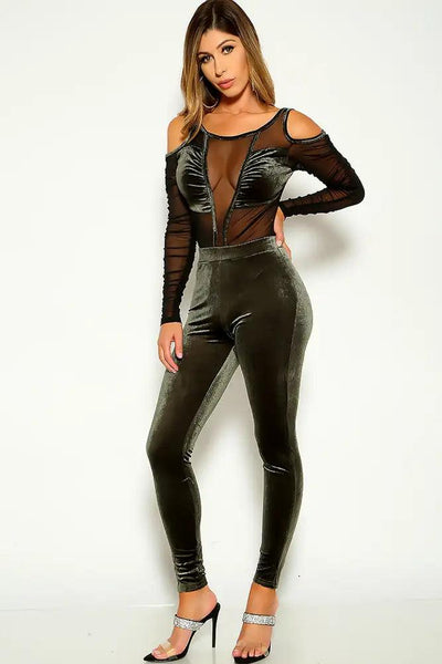 Olive Black Velvet Long Sleeve Two Piece Outfit - AMIClubwear