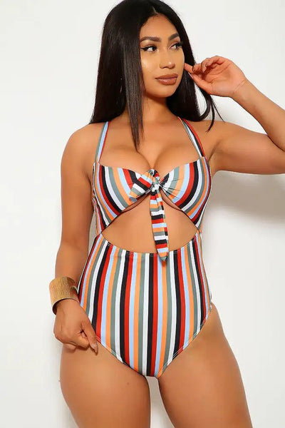 Olive Blue Striped Cut Out One Piece Swimsuit - AMIClubwear