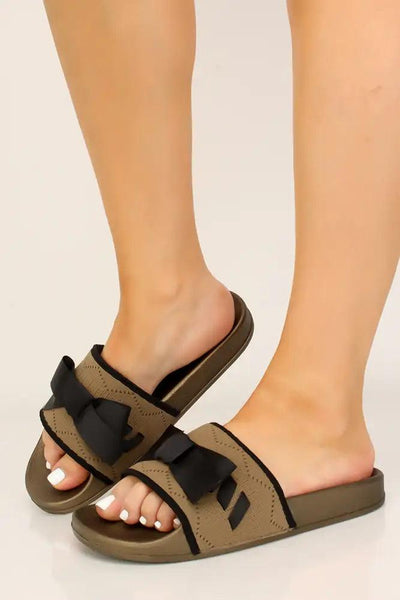 Olive Bow Accent Slip On Sandals - AMIClubwear