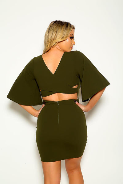 Olive Butterfly Sleeves Metal Plate Accent Sexy Party Dress - AMIClubwear