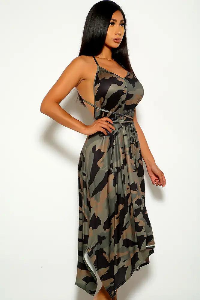 Olive Camouflage Print Sleeveless Dress - AMIClubwear