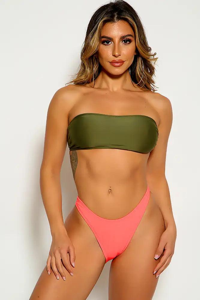 Olive Coral Strapless Bandeau Cheeky Two Piece Swimsuit - AMIClubwear