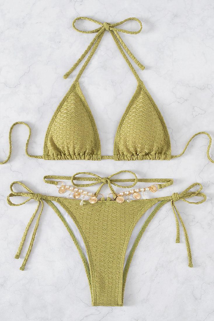 Olive Faux Pearl Triangle Strappy Halter 2 Pc Bikini Set - AMIClubwear