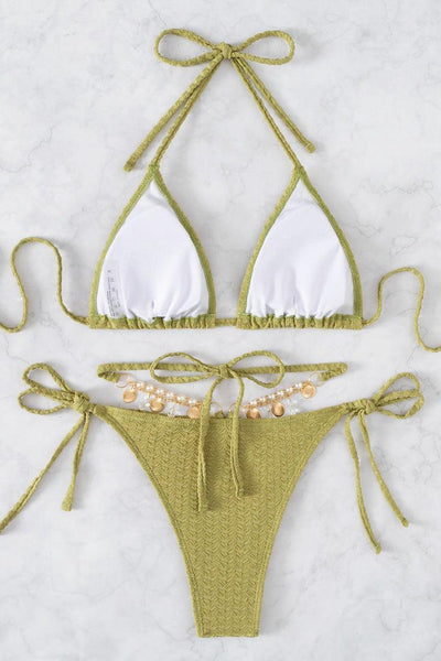 Olive Faux Pearl Triangle Strappy Halter 2 Pc Bikini Set - AMIClubwear