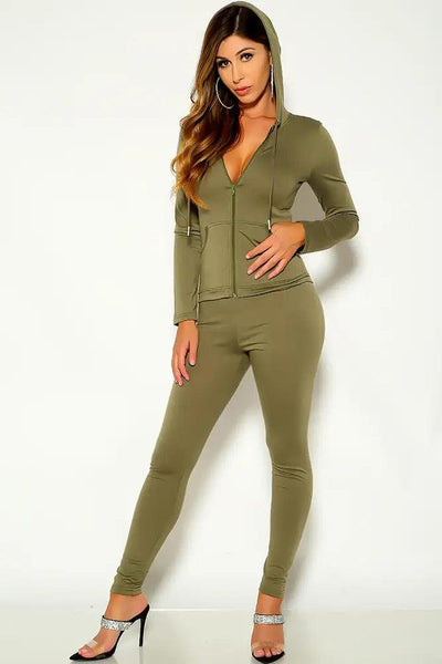Olive Hooded Front Zipper Lounge Two Piece Outfit - AMIClubwear