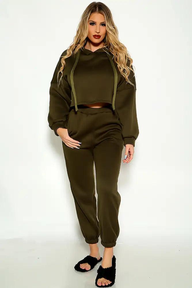Olive Hooded Long Sleeve Cozy Two Piece Lounge Wear Outfit - AMIClubwear