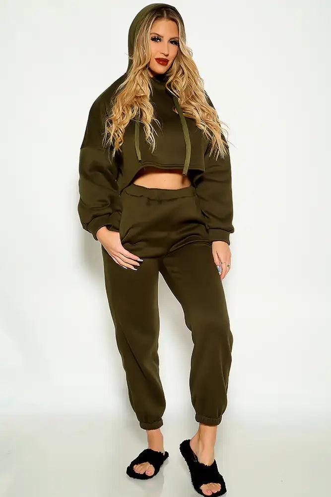 Olive Hooded Long Sleeve Cozy Two Piece Lounge Wear Outfit - AMIClubwear
