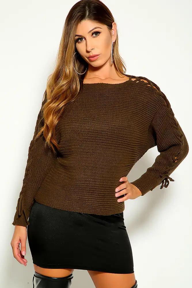 Olive Knitted Long Sleeve Lace Up Sweater - AMIClubwear