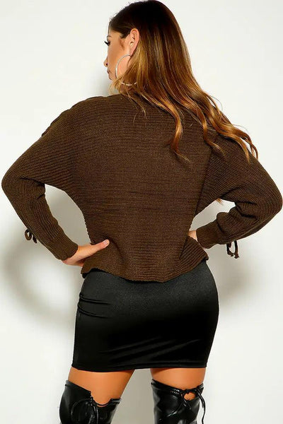 Olive Knitted Long Sleeve Lace Up Sweater - AMIClubwear