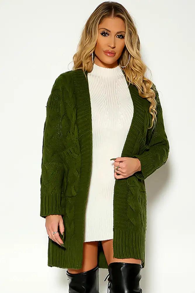 Olive Knitted Long Sleeve Open Front Cardigan - AMIClubwear