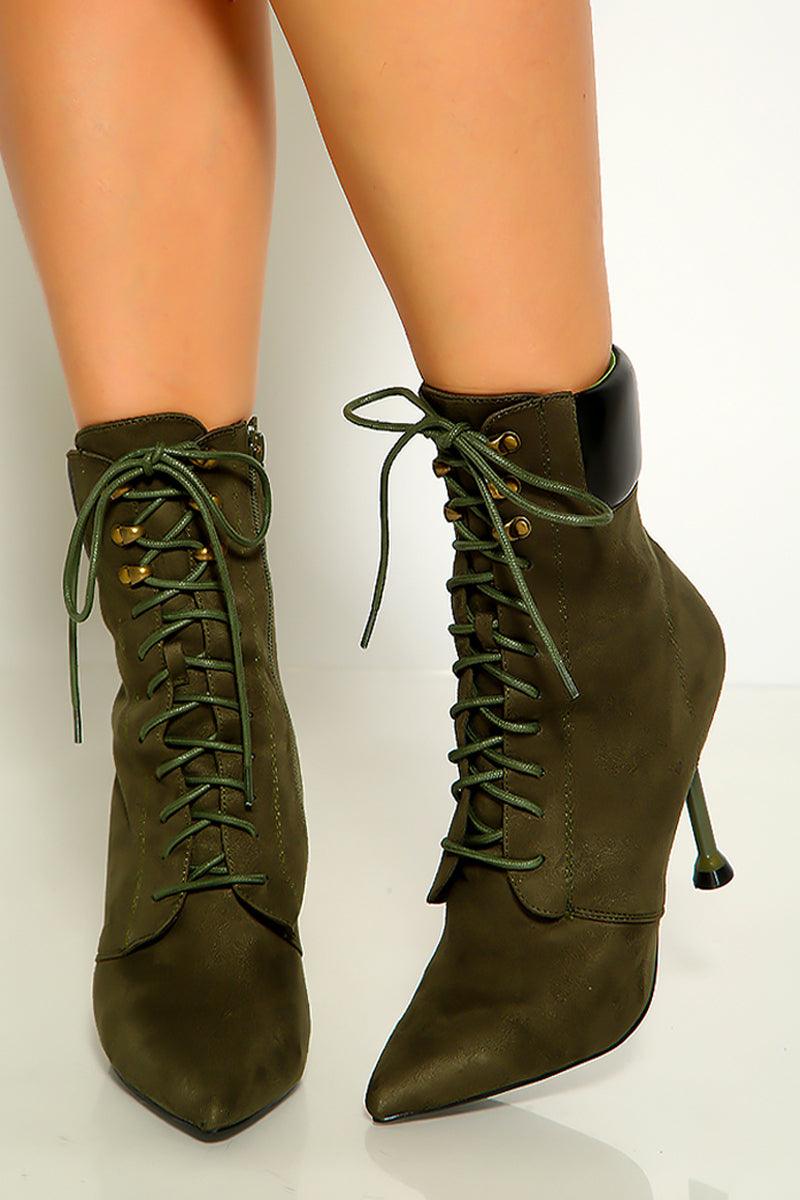 Olive Lace Up Ankle High Heel Booties - AMIClubwear