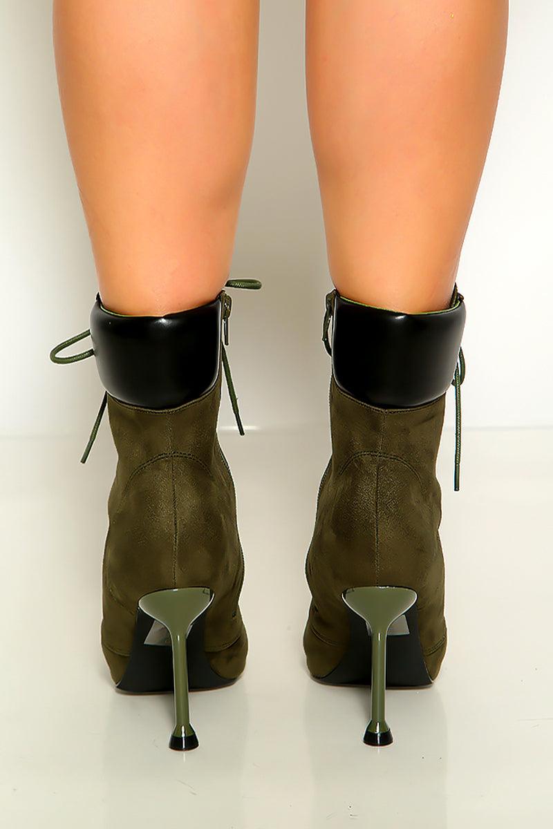 Olive Lace Up Ankle High Heel Booties - AMIClubwear