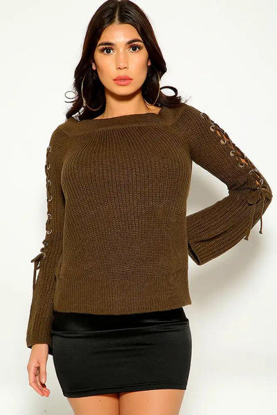 Olive Lace Up Long Sleeve Cozy Sweater - AMIClubwear