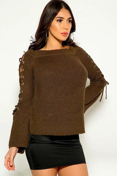 Olive Lace Up Long Sleeve Cozy Sweater - AMIClubwear