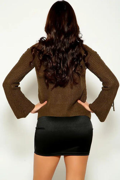 Olive Lace Up Long Sleeve Cozy Sweater - AMIClubwear