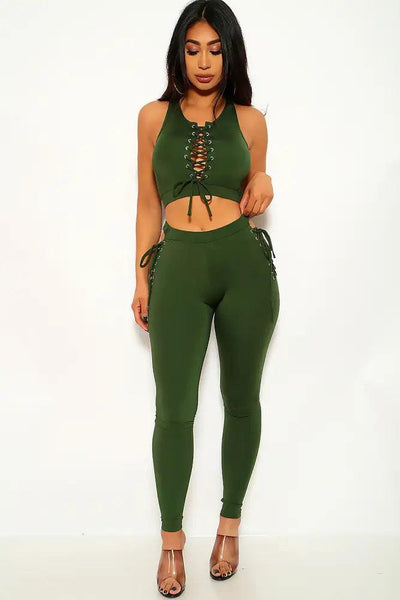 Olive Lace Up Two Piece Outfit - AMIClubwear