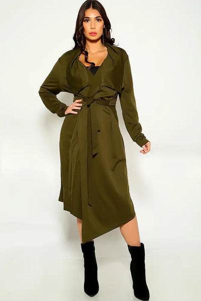 Olive Long Sleeve button Up Trench Coat - AMIClubwear