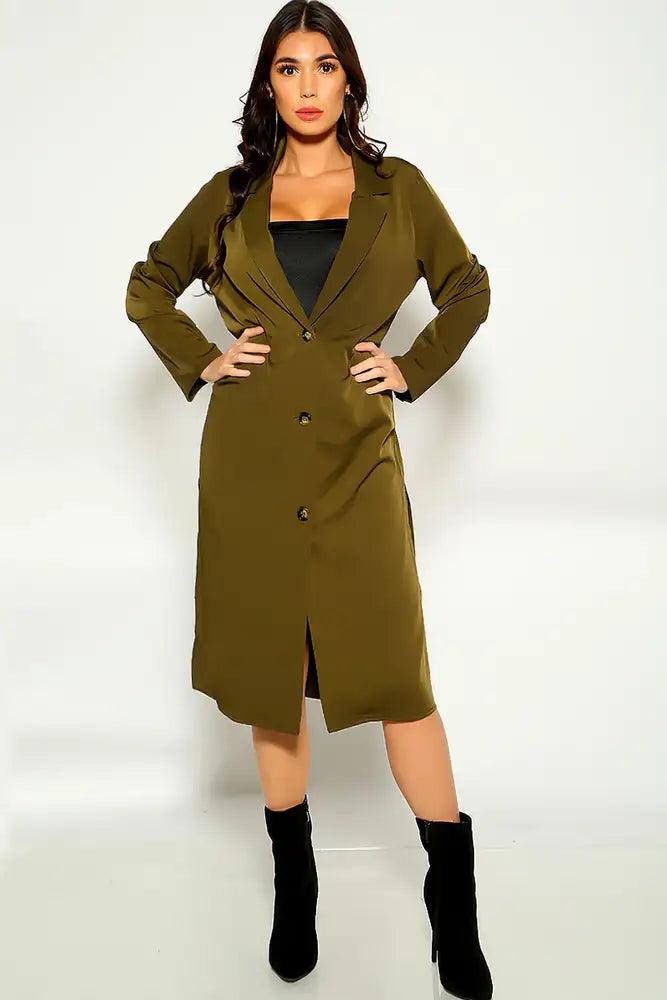 Olive Long Sleeve button Up Trench Coat - AMIClubwear