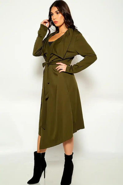 Olive Long Sleeve button Up Trench Coat - AMIClubwear