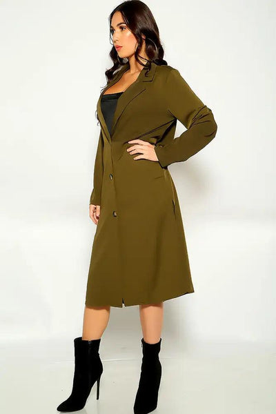 Olive Long Sleeve button Up Trench Coat - AMIClubwear