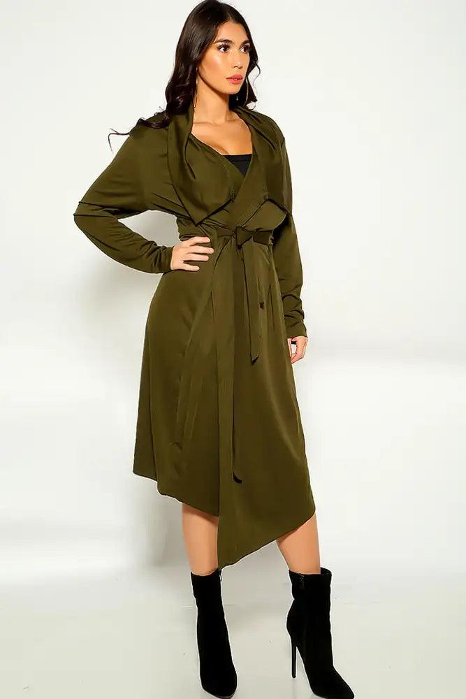 Olive Long Sleeve button Up Trench Coat - AMIClubwear