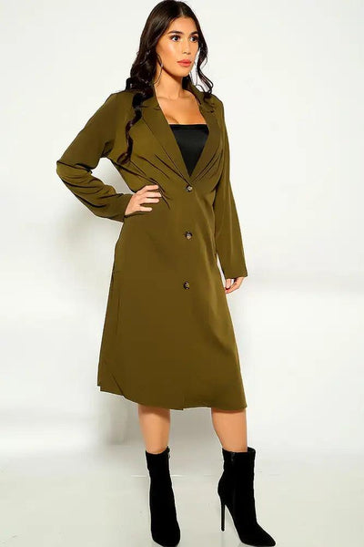 Olive Long Sleeve button Up Trench Coat - AMIClubwear