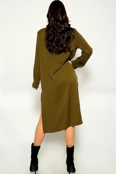 Olive Long Sleeve button Up Trench Coat - AMIClubwear