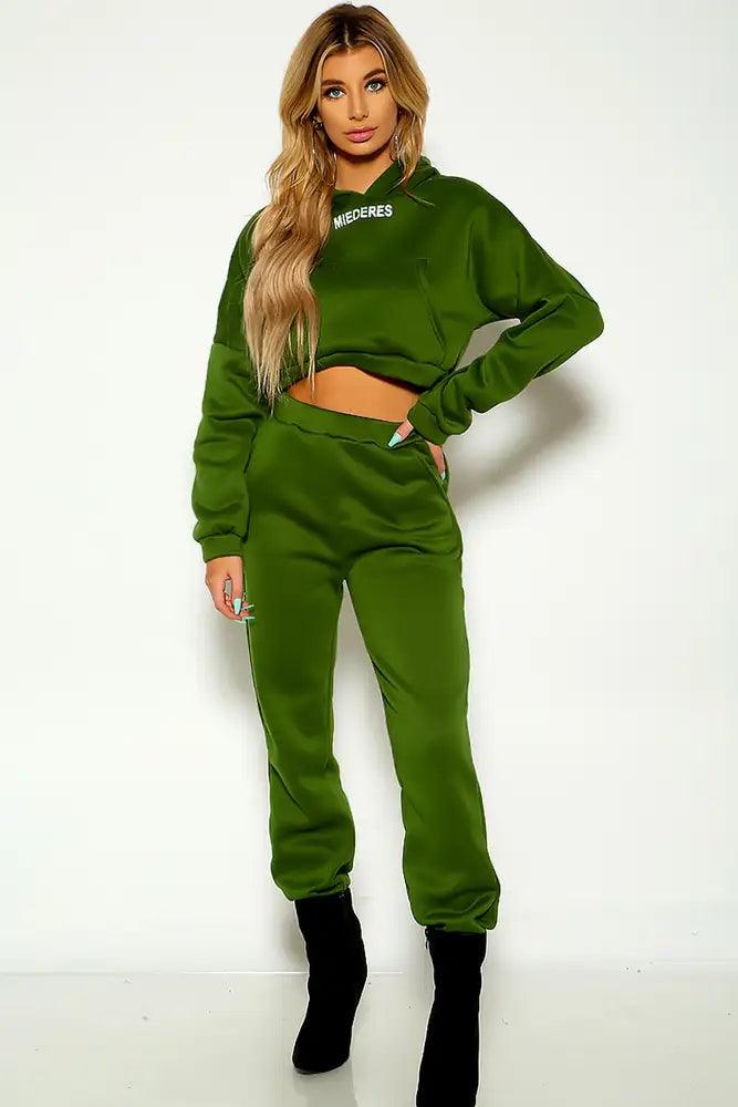 Olive Long Sleeve Hooded Cropped Loungewear Two Piece Outfit - AMIClubwear
