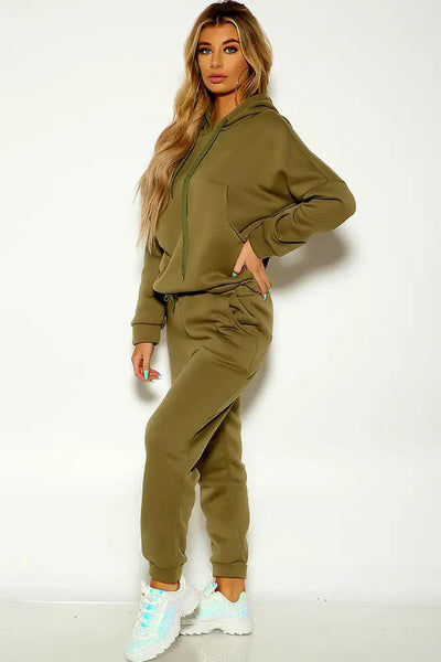 Olive Long Sleeve Hooded Cropped Loungewear Two Piece Outfit - AMIClubwear