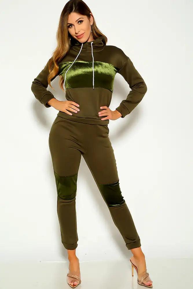 Olive Long Sleeve Hooded Furry Two Piece Lounge Outfit - AMIClubwear