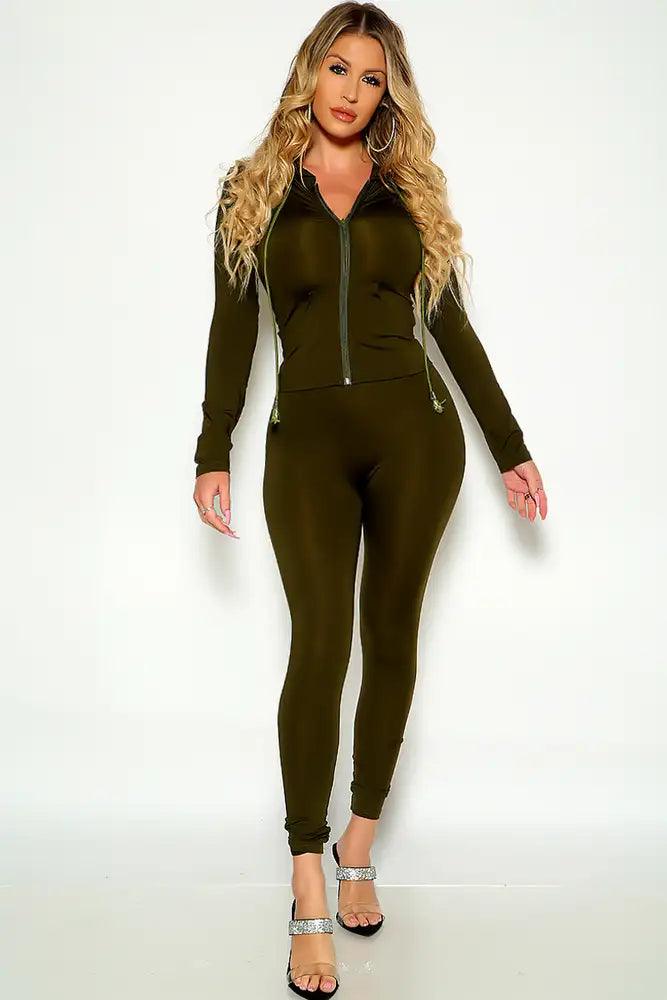 Olive Long Sleeve Hooded Light Weight two Piece Outfit - AMIClubwear