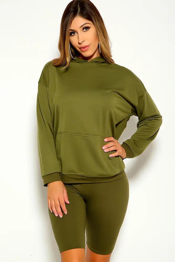 Olive Long Sleeve Hooded Two Piece Casual Outfit - AMIClubwear