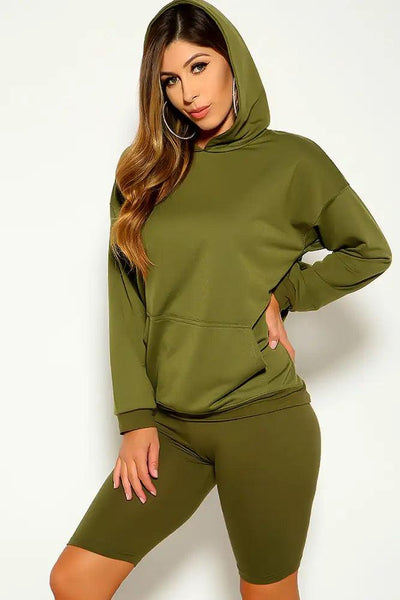 Olive Long Sleeve Hooded Two Piece Casual Outfit - AMIClubwear