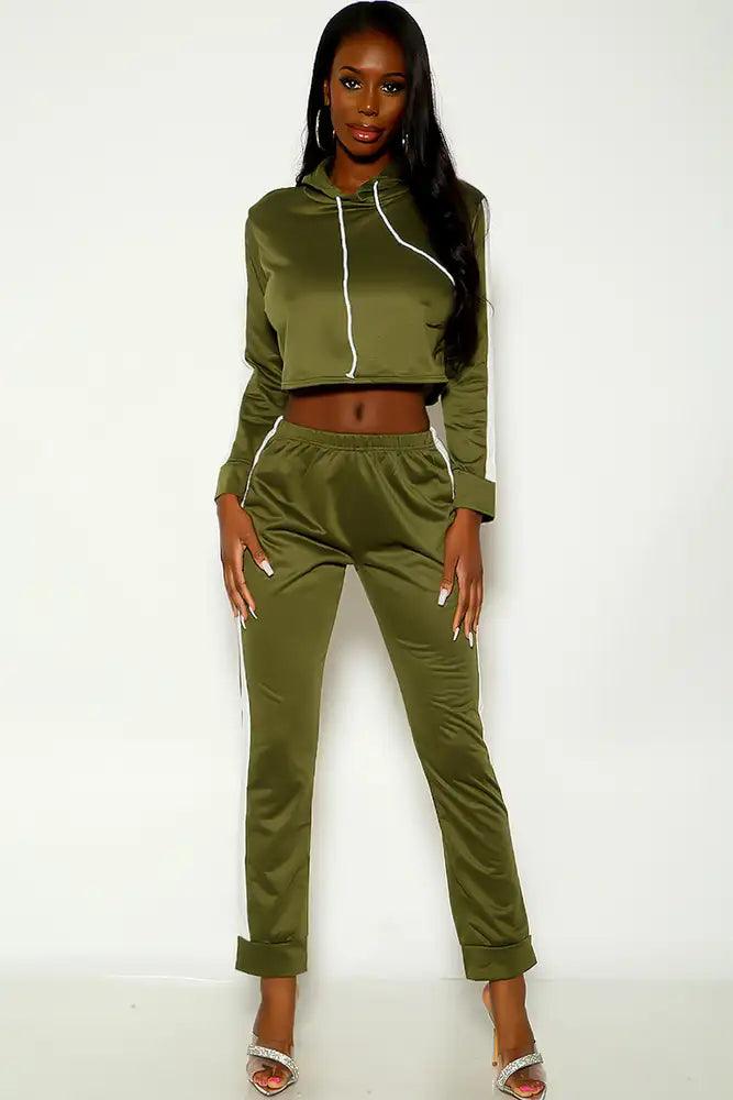 Olive Long Sleeve Hooded Two Piece Lounge Wear Outfit - AMIClubwear