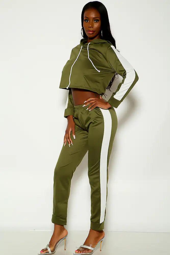 Olive Long Sleeve Hooded Two Piece Lounge Wear Outfit - AMIClubwear